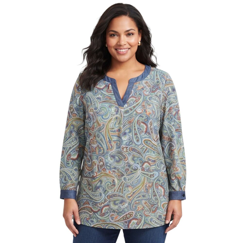 Liz Claiborne 1X Paisley V-Neck Tunic Long Sleeve Top
